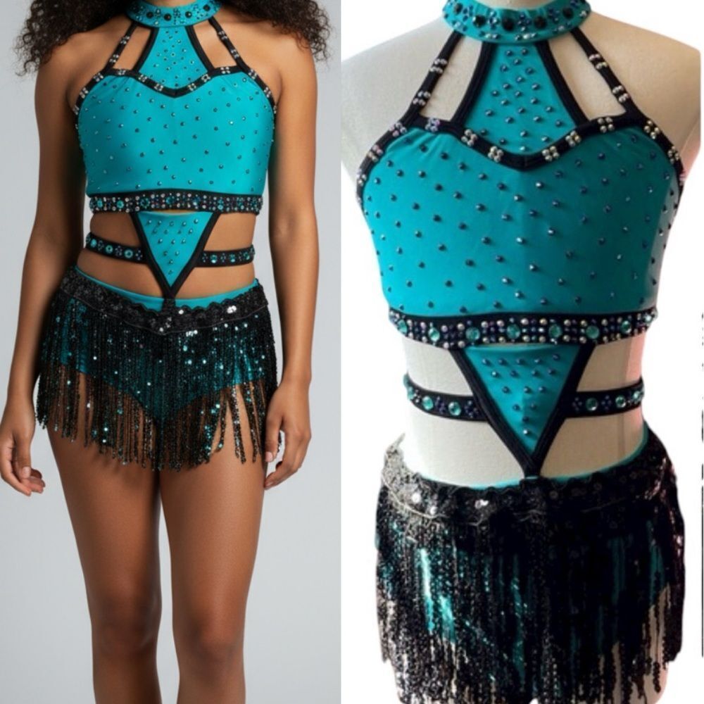 Rare Glamour competition solo dance costume teal fringe sassy jazz SA adult